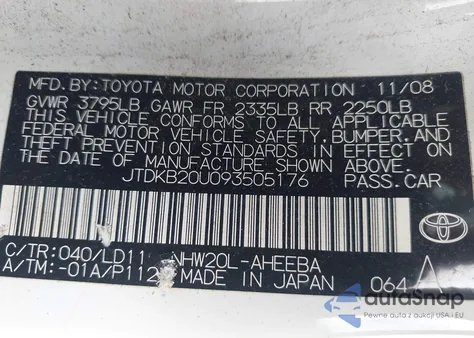 2009 Toyota Prius Touring from USA, damaged, VIN JTDKB20U093505176